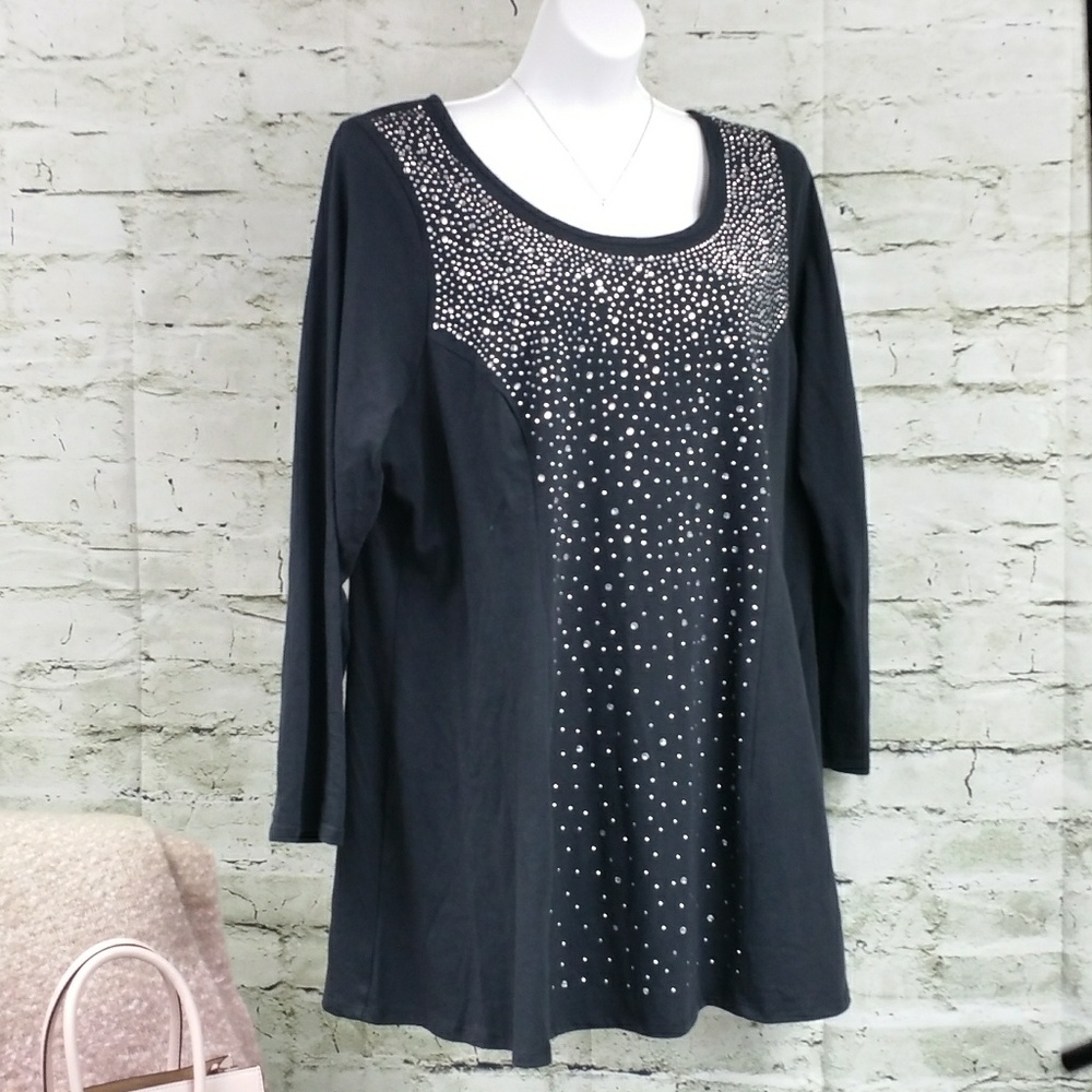NEW Plus Star Sparkle Crystal Black Knit Top 2X
